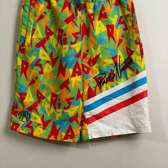 Y2K Parish Nation L swim trunks men AOP “P” green red vintage shorts beach - Picture 3 of 7